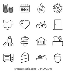 Thin line icon set : coin stack, calendar, rocket, sun power, puzzle, heart, bike, door, passenger, signpost, home, repair tools, grill oven, cake, soil cutter, acorn
