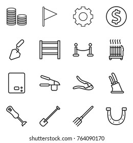 Thin line icon set : coin stack, flag, gear, dollar, construction, rack, vip fence, radiator, kitchen scales, garlic clasp, walnut crack, knife holder, blender, shovel, fork, horseshoe