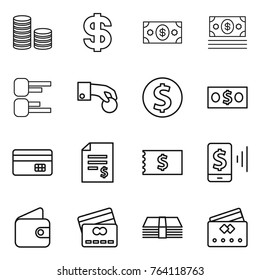Thin line icon set : coin stack, dollar, money, diagram, hand, credit card, account balance, receipt, mobile pay, wallet