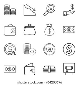 Thin line icon set : coin stack, crisis, dollar magnifier, investment, wallet, purse, money bag, arrow, virtual mining, crypto currency, atm