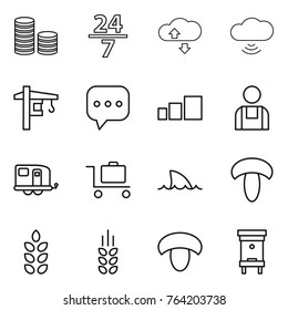 Thin line icon set : coin stack, 24 7, cloude service, cloud wireless, tower crane, sms, sorting, workman, trailer, baggage trolley, shark flipper, mushroom, spikelets, hive