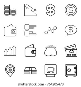 Thin line icon set : coin stack, crisis, dollar, wallet, diagram, graph, money message, up, purse, credit card, pin, atm, safe