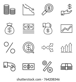 Thin line icon set : coin stack, crisis, dollar magnifier, investment, money bag, gift, statistics, percent, arrow, core splitting, graph up, hand