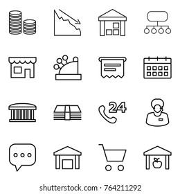 Thin line icon set : coin stack, crisis, warehouse, structure, shop, cashbox, atm receipt, calendar, airport building, money, phone 24, support manager, sms, cart