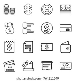 Thin line icon set : coin stack, dollar, money, gift, diagram, credit card, receipt, account balance, wallet, cashbox, atm