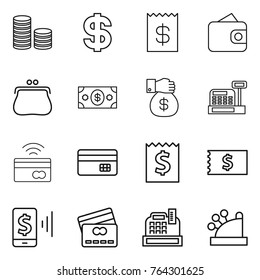 Thin line icon set : coin stack, dollar, receipt, wallet, purse, money, gift, cashbox, tap to pay, credit card, mobile