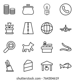 Thin line icon set : coin stack, purse, bulb, phone, flower, road, globe, plane, cargo search, dog, reception, walnut crack, knife holder, cake, warehouse, fish