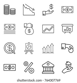 Thin line icon set : coin stack, crisis, investment, money, gift, statistics, presentation, dollar arrow, graph up, hand, percent, library, real estate