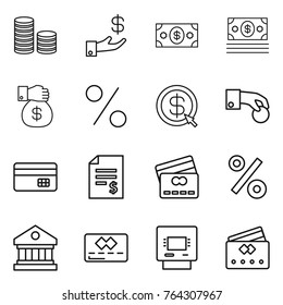 Thin line icon set : coin stack, investment, money, gift, percent, dollar arrow, hand, credit card, account balance, library, atm
