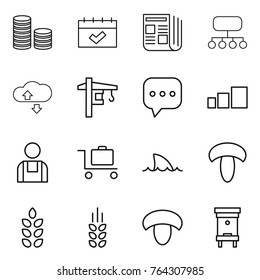 Thin line icon set : coin stack, calendar, newspaper, structure, cloude service, tower crane, sms, sorting, workman, baggage trolley, shark flipper, mushroom, spikelets, hive