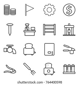 Thin line icon set : coin stack, flag, gear, dollar, nail, customs control, rack, detector, water tap, toaster, kitchen scales, garlic clasp, walnut crack, big fork, grain elevator