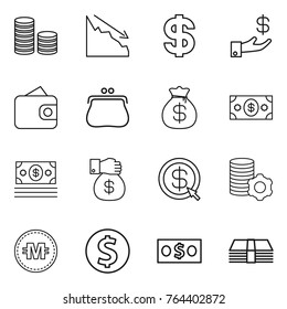 Thin line icon set : coin stack, crisis, dollar, investment, wallet, purse, money bag, gift, arrow, virtual mining, crypto currency