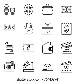 Thin line icon set : coin stack, dollar, purse, money, gift, tap to pay, receipt, account balance, wallet, credit card, cashbox