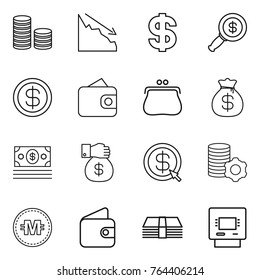 Thin line icon set : coin stack, crisis, dollar, magnifier, wallet, purse, money bag, gift, arrow, virtual mining, crypto currency, atm