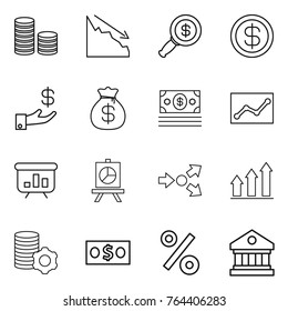 Thin line icon set : coin stack, crisis, dollar magnifier, investment, money bag, statistics, presentation, core splitting, graph up, virtual mining, percent, library