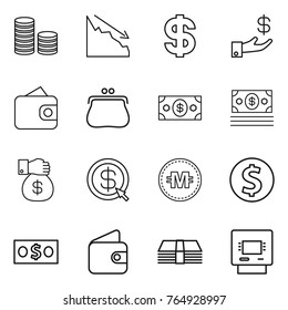 Thin line icon set : coin stack, crisis, dollar, investment, wallet, purse, money, gift, arrow, crypto currency, atm