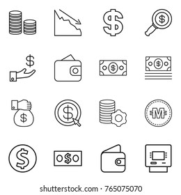 Thin line icon set : coin stack, crisis, dollar, magnifier, investment, wallet, money, gift, arrow, virtual mining, crypto currency, atm