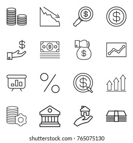 Thin line icon set : coin stack, crisis, dollar magnifier, investment, money, gift, statistics, presentation, percent, arrow, graph up, virtual mining, library, real estate