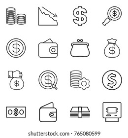 Thin line icon set : coin stack, crisis, dollar, magnifier, wallet, purse, money bag, gift, arrow, virtual mining, atm