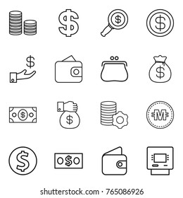 Thin line icon set : coin stack, dollar, magnifier, investment, wallet, purse, money bag, gift, virtual mining, crypto currency, atm