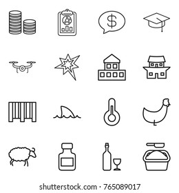 Thin line icon set : coin stack, report, money message, graduate hat, drone, bang, cottage, japanese house, bar code, shark flipper, thermometer, chicken, sheep, pills bottle, wine, washing powder