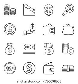 Thin line icon set : coin stack, crisis, dollar, magnifier, investment, wallet, purse, money bag, gift, virtual mining, crypto currency