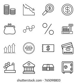 Thin line icon set : coin stack, crisis, dollar magnifier, purse, graph, percent, cashbox, up, crypto currency, receipt, credit card, library, money, safe