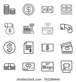 Thin line icon set : coin stack, dollar, money, gift, cashbox, tap to pay, hand, account balance, receipt, credit card, invoice, atm