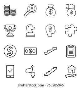 Thin line icon set : coin stack, dollar magnifier, money bag, gift, trophy, chess horse, bulb head, puzzle, stairs, clipboard, mobile checking, golf, housing
