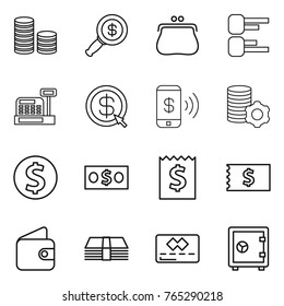 Thin line icon set : coin stack, dollar magnifier, purse, diagram, cashbox, arrow, phone pay, virtual mining, money, receipt, wallet, credit card, safe