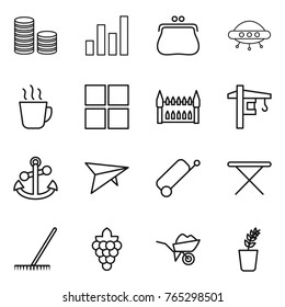 Thin line icon set : coin stack, graph, purse, ufo, hot drink, window, gothic architecture, tower crane, anchor, deltaplane, suitcase, iron board, rake, grape, wheelbarrow, seedling