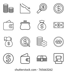 Thin line icon set : coin stack, crisis, dollar magnifier, wallet, purse, money bag, gift, arrow, virtual mining, crypto currency, atm