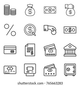 Thin line icon set : coin stack, money bag, gift, percent, dollar arrow, hand, credit card, account balance, library, atm, safe