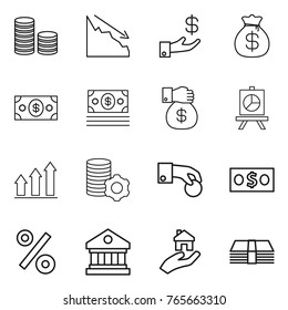 Thin line icon set : coin stack, crisis, investment, money bag, gift, presentation, graph up, virtual mining, hand, percent, library, real estate