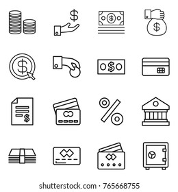 Thin line icon set : coin stack, investment, money, gift, dollar arrow, hand, credit card, account balance, percent, library, safe