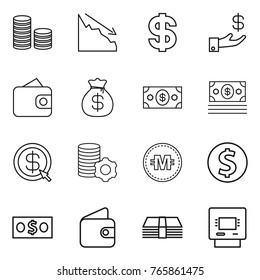 Thin line icon set : coin stack, crisis, dollar, investment, wallet, money bag, arrow, virtual mining, crypto currency, atm
