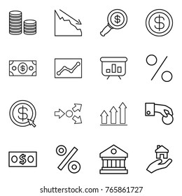 Thin line icon set : coin stack, crisis, dollar magnifier, money, statistics, presentation, percent, arrow, core splitting, graph up, hand, library, real estate