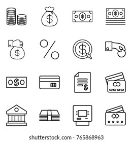 Thin line icon set : coin stack, money bag, gift, percent, dollar arrow, hand, credit card, account balance, library, atm