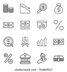 Thin line icon set : coin stack, crisis, dollar magnifier, money bag, presentation, percent, arrow, graph up, library, real estate