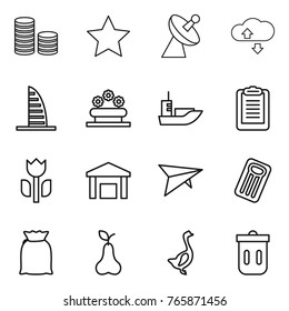 Thin line icon set : coin stack, star, satellite antenna, cloude service, skyscraper, flower bed, sea shipping, clipboard, perishable, warehouse, deltaplane, inflatable mattress, flour, pear, goose