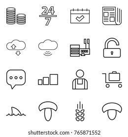 Thin line icon set : coin stack, 24 7, calendar, newspaper, cloude service, cloud wireless, mall, unlock, sms, sorting, workman, baggage trolley, shark flipper, mushroom, spikelets