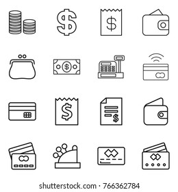 Thin line icon set : coin stack, dollar, receipt, wallet, purse, money, cashbox, tap to pay, credit card, account balance