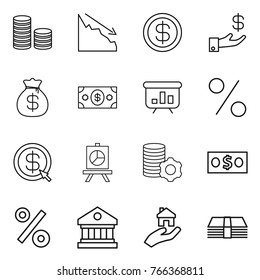 Thin line icon set : coin stack, crisis, dollar, investment, money bag, presentation, percent, arrow, virtual mining, library, real estate