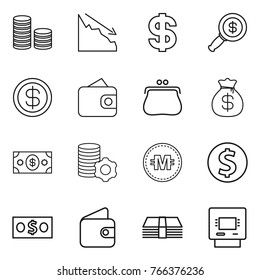 Thin line icon set : coin stack, crisis, dollar, magnifier, wallet, purse, money bag, virtual mining, crypto currency, atm