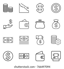 Thin line icon set : coin stack, crisis, dollar, investment, wallet, purse, money bag, gift, virtual mining, atm