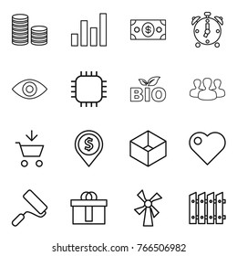 Thin line icon set : coin stack, graph, money, alarm clock, eye, chip, bio, group, add to cart, dollar pin, box, heart, repair, hi quality package, windmill, fence
