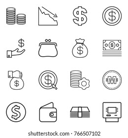 Thin line icon set : coin stack, crisis, dollar, investment, purse, money bag, gift, arrow, virtual mining, crypto currency, wallet, atm