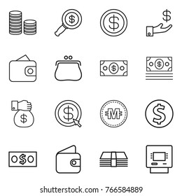 Thin line icon set : coin stack, dollar magnifier, investment, wallet, purse, money, gift, arrow, crypto currency, atm