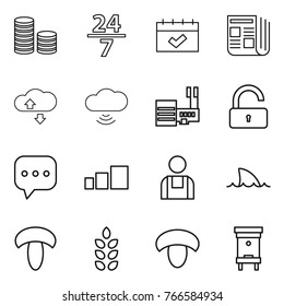 Thin line icon set : coin stack, 24 7, calendar, newspaper, cloude service, cloud wireless, mall, unlock, sms, sorting, workman, shark flipper, mushroom, spikelets, hive