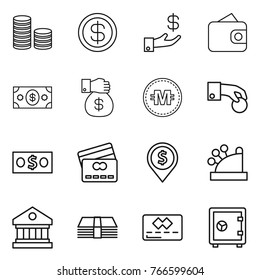 Thin line icon set : coin stack, dollar, investment, wallet, money, gift, crypto currency, hand, credit card, pin, cashbox, library, safe